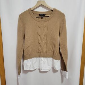 Laundry by Shelli Segal Tan Cable Knit Sweater with White Layered Shirt, L, New